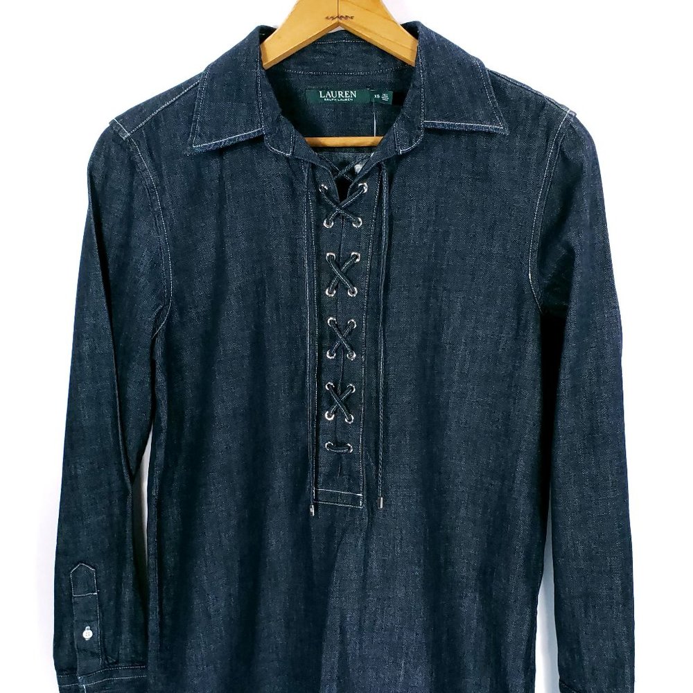 Lauren Ralph Lauren Tunic Dress Top Shirt Women's XS Blue Denim Lace Up Front